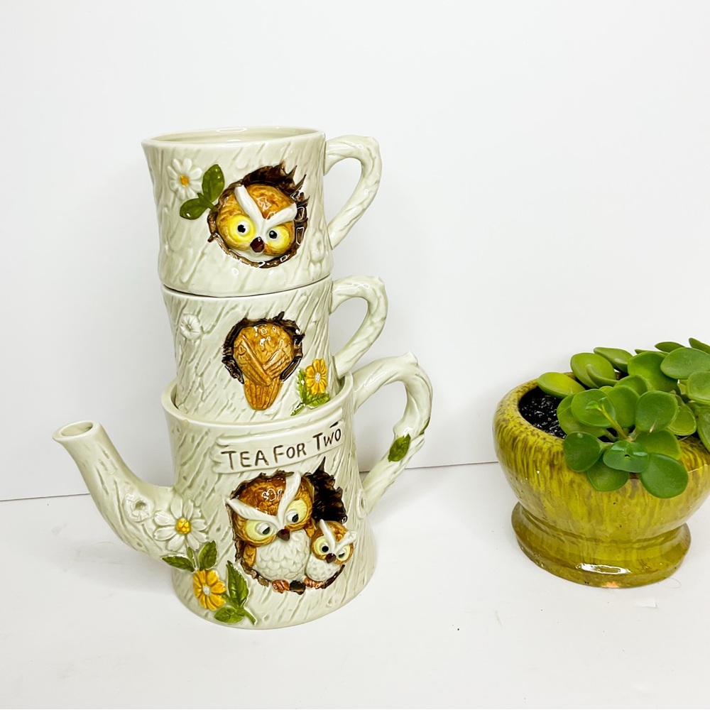 Vintage 1977 ENESCO Japan “Tea for Two” Owl Ceramic Teapot & Mug Set - Picture 10 of 12
